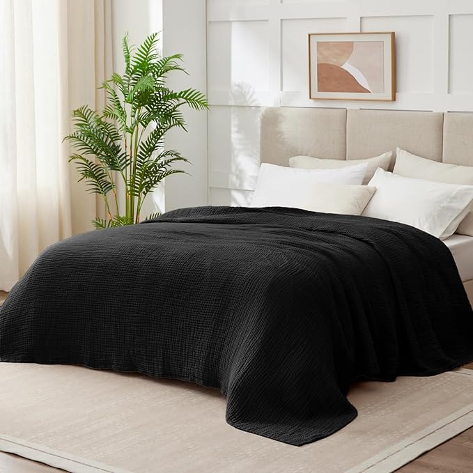 100% Cotton Muslin Blanket 50"x 60", 6 Layers Breathable and Lightweight Cotton Throw Blankets for Couch, Soft Cooling Summer Gauze Blanket for Adults All Season, Black