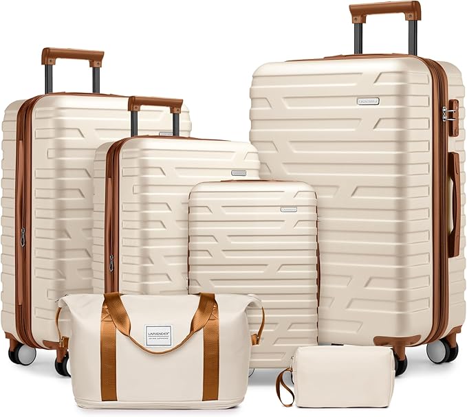 Cream 6 Piece Luggage Set Hard Shell - Expandable Suitcases with Spinner Wheels and Duffel Bags for Family Travel, Durable Carry On Luggage Sets with Lock for Women and Men