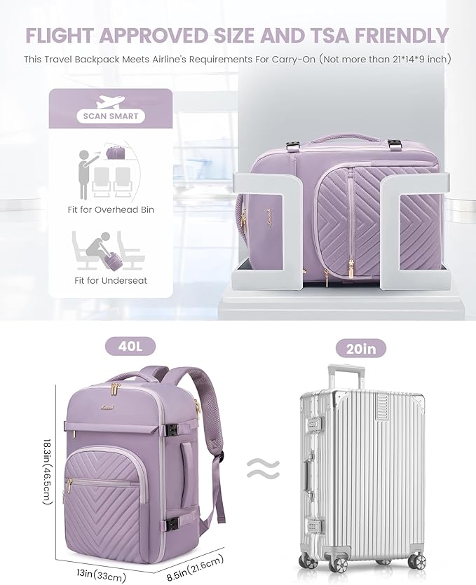 LOVEVOOK Large Travel Backpack for Women, TSA Carry on Backpack for Airplanes, 40L Personal Item Travel Bag fits 17" Laptop, Waterproof Carry on Bag Flight Approved with 4 Packing Cubes