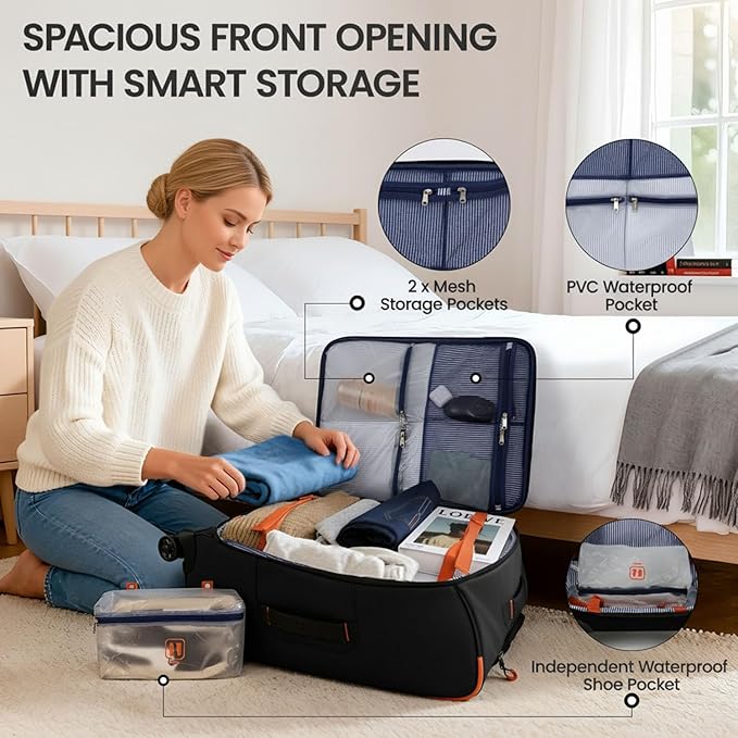 2-Piece Set（22in/26in） Front Opening,Softside Luggage Sets w/Double Spinner Wheels Suitcase,Waterproof,Lightweight Travel Luggage Rolling Suitcase（Black,22in/26in）