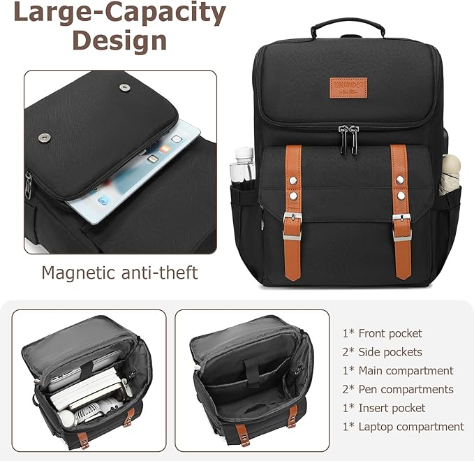 YALUNDISI Vintage Backpack Travel Laptop Backpack with usb Charging Port for Women & Men College Backpack Fits 15.6 Inch Laptop Black Brown