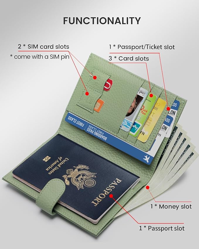 Karmiir RFID Slim Passport Holder for Women, Compact Leather Passport Wallet with Card Holders SIM Slots,Zippered Coins Pocket and Cash Compartment Travel Passport Cover Case, Light Green