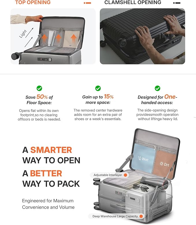 20IN Carry On Luggage,Top Opening Aluminum Frame Hardside 100% PC Airline Approved Suitcase -with TSA Lock,Cup Holder,USB Charge,Side Pothook, 360°Spinner Wheels-Grey