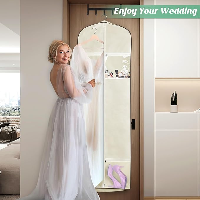 MISSLO Portable 70" Wedding Dress Garment Bag with Bride Tote Bag 8'' Gusseted Dress Bags for Gowns Long 4 Pockets Dress Cover for Women, Beige
