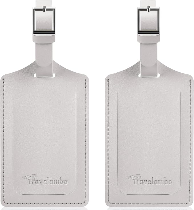 Travelambo Luggage Tags for Suitcases Faux Leather Privacy Protection 2 Pack Bag Tags Travel Accessories Essential, Light Grey