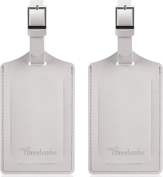 Travelambo Luggage Tags for Suitcases Faux Leather Privacy Protection 2 Pack Bag Tags Travel Accessories Essential, Light Grey