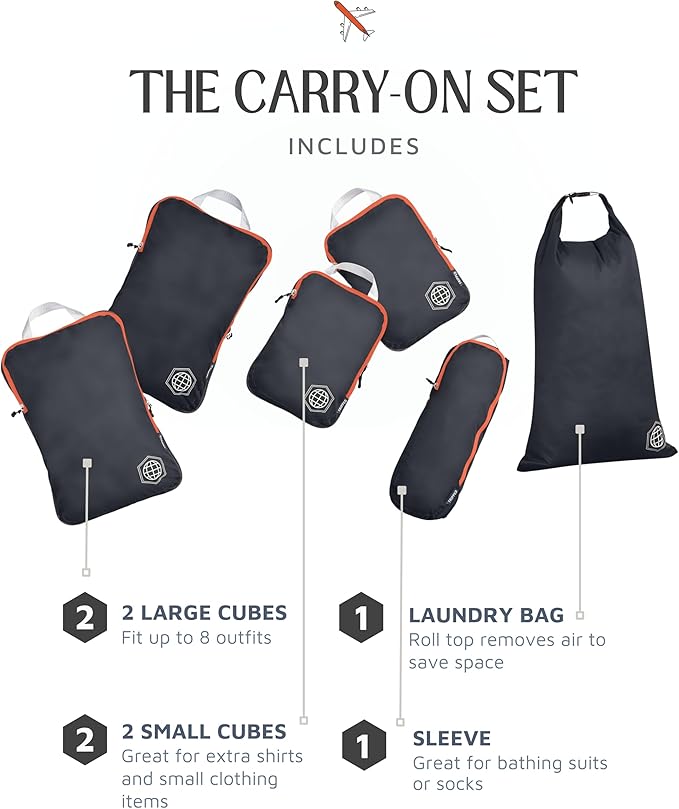 Compression Packing Cubes 6 Piece Set for Carryon Suitcases- Lightweight, Durable Clothes Organizer (Grey and Orange)