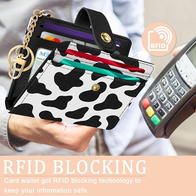 Jogjam Cow Print Rfid Women Wallet, Small Slim Thin Credit Card Wallet, PU Leather Bifold Cash Zipper Coin Pocket ID Window for Female Ladies Teen Girls Girly