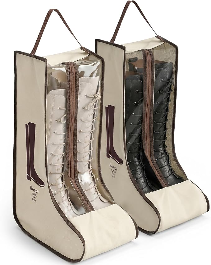 Portable Boots Storage Bag, Beige Dust Proof Boots Protector Carry Bag with Handle Shoe Dust Organizer Packing for Travel and Daily Use(Large)
