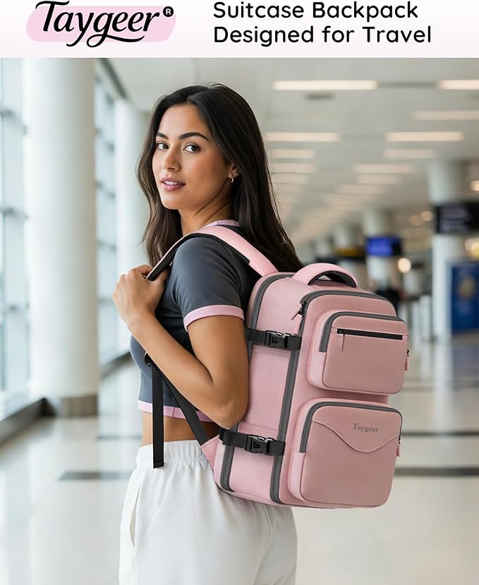 Taygeer 18 x 14 x 8 Inches Personal Item Bag, Travel Personal Item Bag with Water Bottle Pocket & Shoe Pouch, TSA Approved Under Seat Carry on Backpack Fits 15.6 inch Laptop for Women Airplanes, Pink