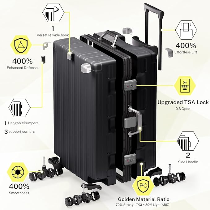 Krute Aluminum Frame Luggage 28 Inch Checked Suitcase with Spinner Wheels TSA Approved No Zipper Hard Shell Luggage PC+ABS Travel Suitcase
