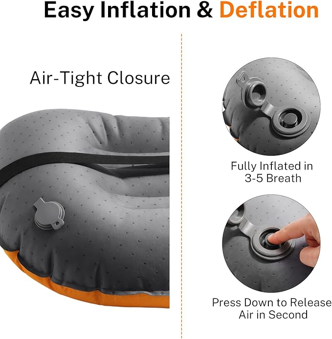 Camping Travel Pillow-Compressible,Ultralight Inflatable,Compact, Comfortable, Ergonomic Inflating Pillows for Neck & Lumbar Support While Camp, Hiking, Backpacking (Blue+Orange 2pcs)