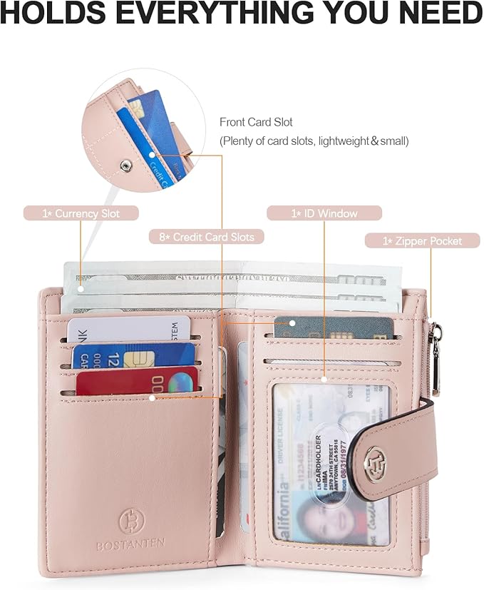 BOSTANTEN Small Wallet for Women Leather RFID Blocking Card Holder Bifold Compact Wallets With Zipper Coin Pocket Pink