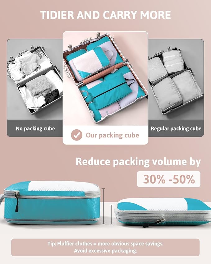 Meowoo 7 Set Compression Packing Cubes for Travel, Durable Ripstop Mesh Suitcase Organizer with Shoe Bag, Ultralight & Expandable Space Saver Travel Cubes