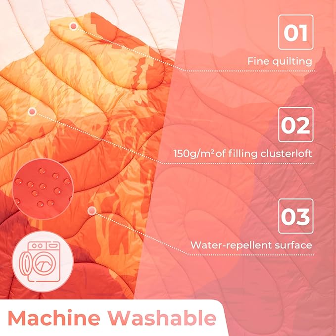 KingCamp Ultralight Camping Blanket, Packable Down Alternative Puffy Printed Wearable Blanket with Snap Buttons & Corner Loops Weatherproof Quilt for Outdoor Travel Stadium (78.7"L x 57.1"W, ORANGE)