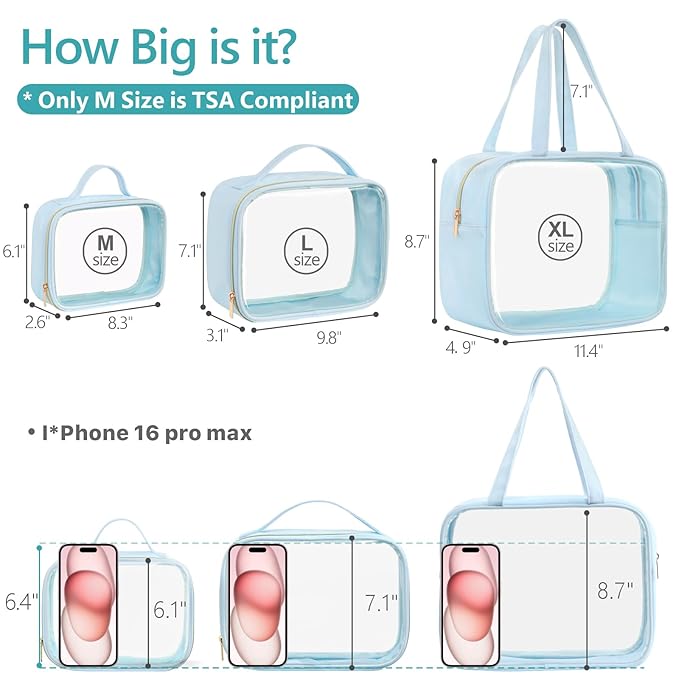 PACKISM Clear Makeup Bag Combo Pack, 1 TSA Approved Medium & Large/XL for Checked Luggage, Clear Toiletry Bag with Handle, Water-resistant Travel Essentials Organizer, Ice Blue