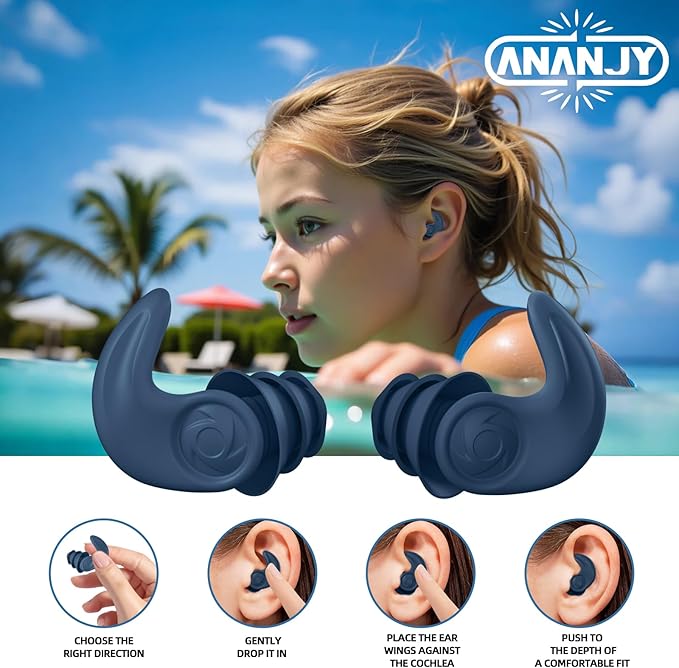 Swimming Ear Plugs for Adults – 3 Pairs Reusable Waterproof Silicone Earplugs, Soft & Comfortable Swim Ear Protection for Surfing, Diving, Pool, Showering & Water Sports