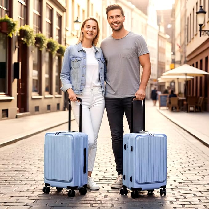 20 Inch Top Opening Carry On Luggage 22x14x9 Airline Approved Expandable With Spinner Wheels & Cup Holder,PC Hard Shell Lightweight Small Shitcase With Tsa Approved For Travel Women Men,Blue
