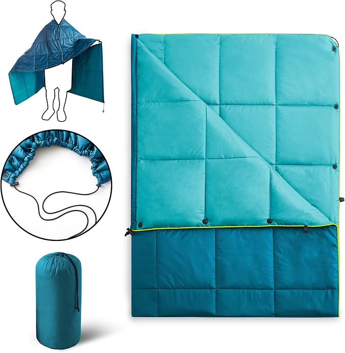 UNIKOME Waterproof Puffy Camping Blanket - Lightweight Packable Outdoor Quilt with Snaps & Corner Loops, Warm Compact Blanket for Cold Weather Hiking Picnic Stadium Travel, 75"×52", Lake Blue&Sky Blue