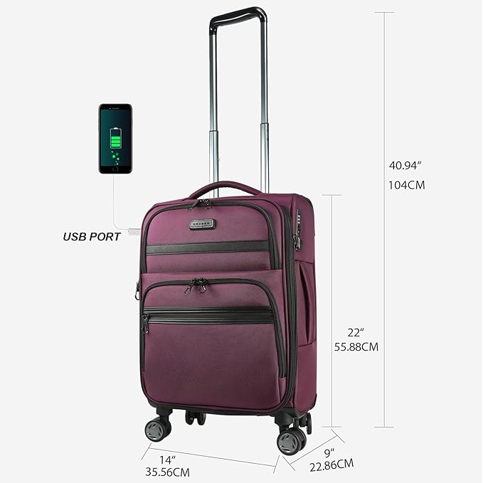 KROSER Softside Expandable Carry On Luggage with Front Business Pockets，20 Inch Suitcases with Spinner Wheels & Built-in TSA Lock, Durable Suitcase Rolling Luggage with USB Port, Burgundy