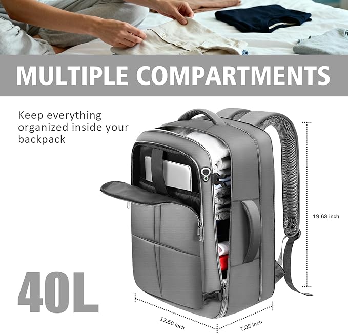 Travel Backpack, Extra Large 50L Flight Approved Carry on Backpack, Expandable Waterproof Business Suitcase Daypack Big Bag Fits 18.4 Inch Laptop, Grey
