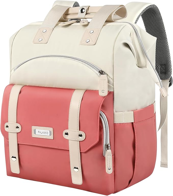 FALANKO Laptop Backpack for Women,Teacher Doctor Nurse Work Purse Bag for 15.6 Inch Laptop, Wide Open backpack With RFID Pocket, Large Water Resistant Travel Backpack White-Pink