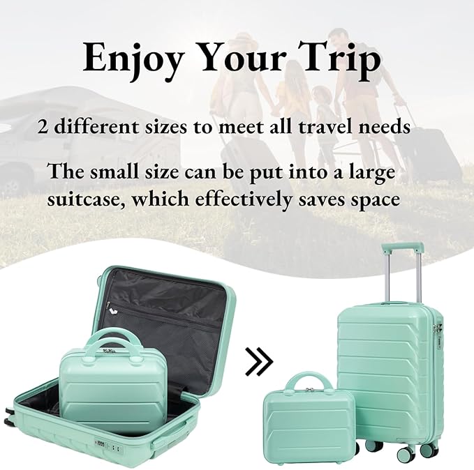 2-Piece ABS Hard Shell Lightweight Carry-On Luggage Set (14" & 20"), 360-Degree Spinner Wheels, Adjustable Telescopic Handle and Combination Lock for Travel, Mint Green