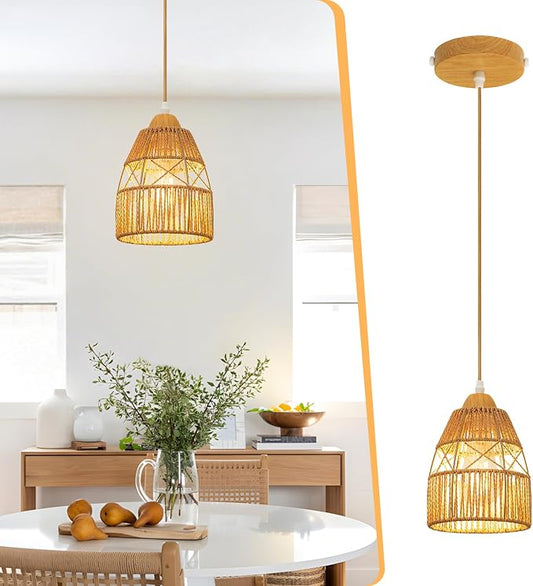 Boho Rattan Pendant Light for Kitchen Island Cone Hanging Lamp | Handwoven Rattan Shade Adjustable Height 10-57 Inch E26 Base Farmhouse Chandeliers for Kitchen Islands And Dining Rooms