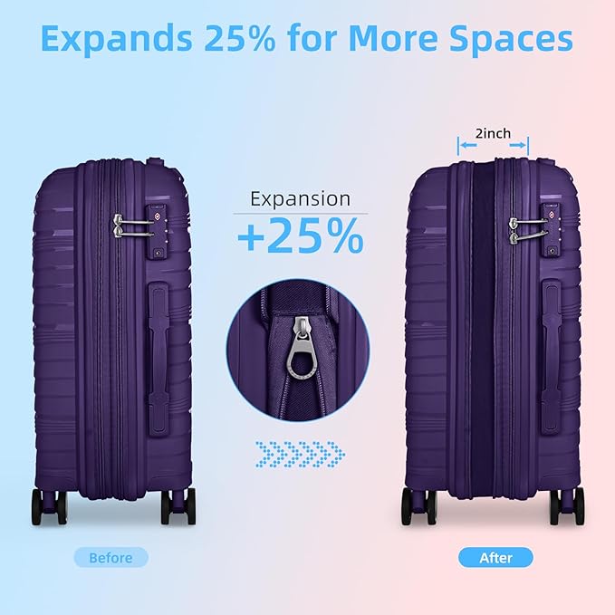 LARVENDER Luggage Sets 3 Piece, Expandable Carry On Luggage 22x14x9 Airline Approved, 20 Inch Hardshell & Lightweight PP Carry On Suitcase for Women with Spinner Wheels TSA Lock, Grape Purple