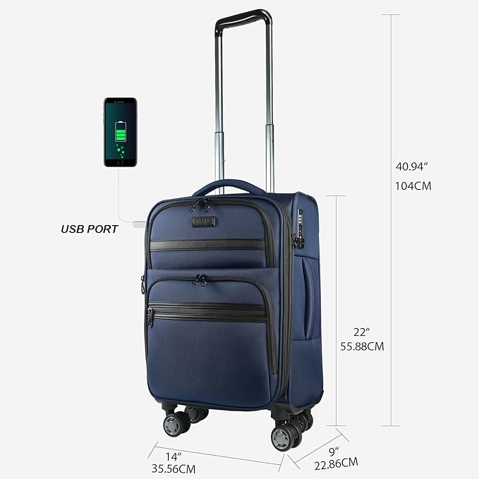 KROSER Softside Expandable Carry On Luggage with Front Business Pockets，20 Inch Suitcases with Spinner Wheels & Built-in TSA Lock, Durable Suitcase Rolling Luggage with USB Port, Navy