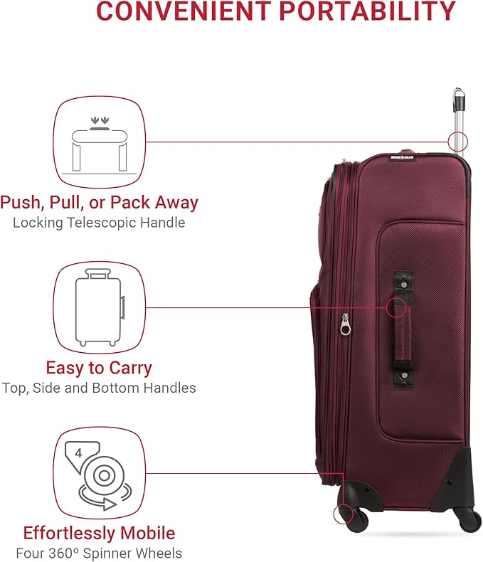 SWISSGEAR Sion Softside Expandable Spinner Luggage Durable Lightweight Travel Suitcase, Merlot, Checked-Large 29-Inch
