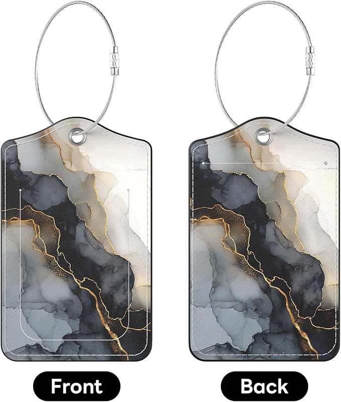 2 Pack PU Leather Luggage Tags for Suitcases, Privacy Protection Cover with Stainless Steel Loop and Address Card, Travel Cruise Essentials (Black Gold Marble)