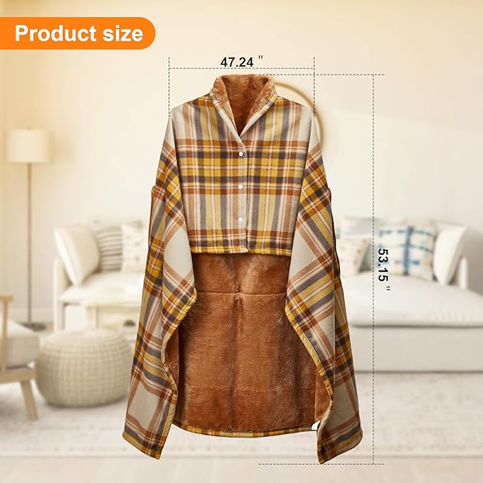 forestfish Wearable Blanket Compact Pillow 2-in-1, Lap Blanket Poncho with Button Plaid Throw Cushion for Home/Office/Sofa