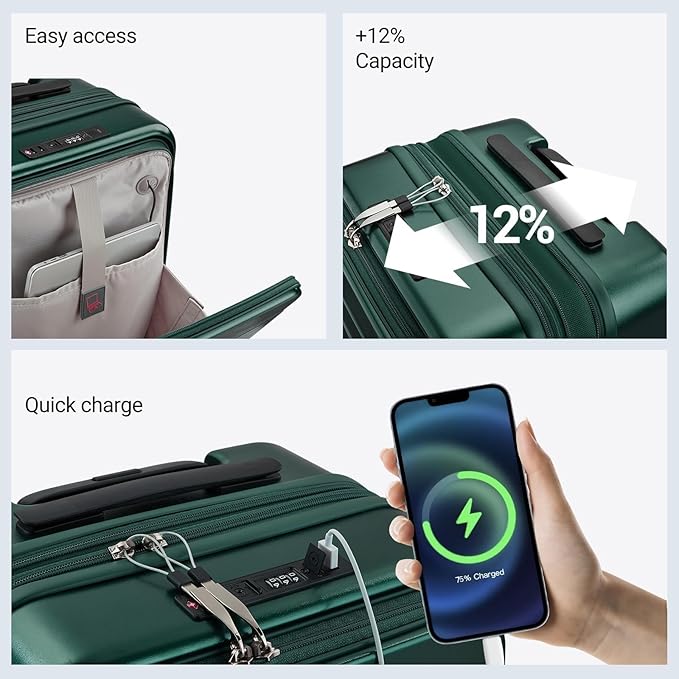 Carry On Luggage with Top Opening, Expandable with Front Pocket and USB Charging Port, Lightweight with Front Compartment Rolling Suitcases with Spinner Wheels (Dark Green, 20 Inch)
