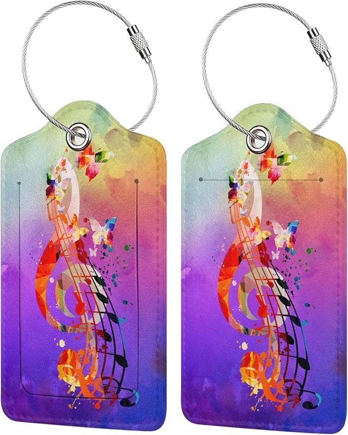 Purple Music 2 Pcs Luggage Tags, Suitcases & Travel Bag Tag Privacy Cover ID Name Label with Stainless Steel Loop Address Card Travel Bag Suitcase