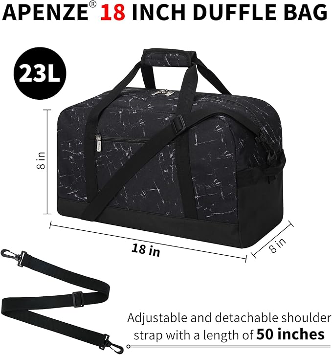 Small Gym Bag 18 inch Carry On Duffel Bag for Weekender Travel - Marble Black