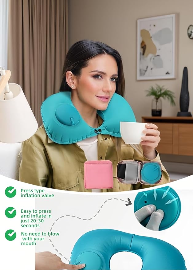 18-30s Quick Inflate /Deflate Neck Pillow for Travel - Adjustable Cervical Support with Dual Buckles, Breathable Milk Silk, Compact Portable Design Breathable Milk Silk ,Turquoise,15.7x11 inches