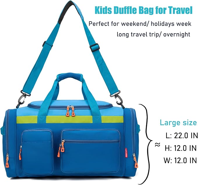 HawLander Large Kids Duffle Bag for Travel, Overnight, or Weekender, 22" inch (Blue)