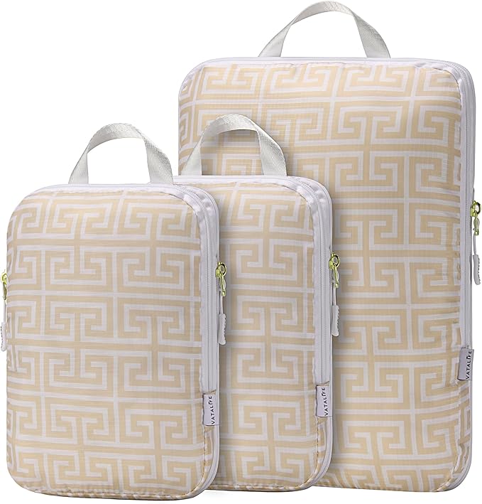Boho Packing Cubes Luggage Organizer Bags for Suitcase & Backpack, Compression Packing Cubes for Travel, Lightweight Luggage Organizers, Travel Cubes for Packing, Vacation Essentials, 3pc Set - Beige