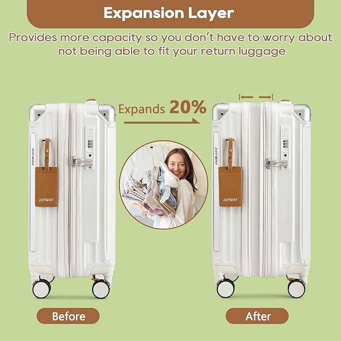 Joyway Carry On Luggage, Expandable Suitcase with Smart Cup Holder and USB Port, 20 IN Hardside Checked with TSA Lock Spinner Double Wheels, White