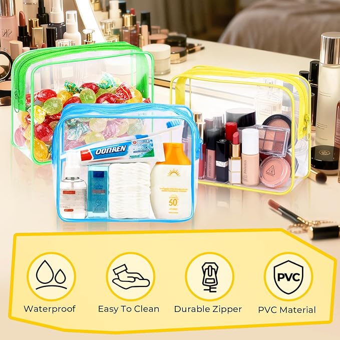 6 Pieces Clear Makeup Bags Bulk TSA Approved Toiletry Bag for Travel PVC Waterproof Clear Cosmetic Pouch with Zipper for Men and Women Carry-on Travel Essentials (Yellow)