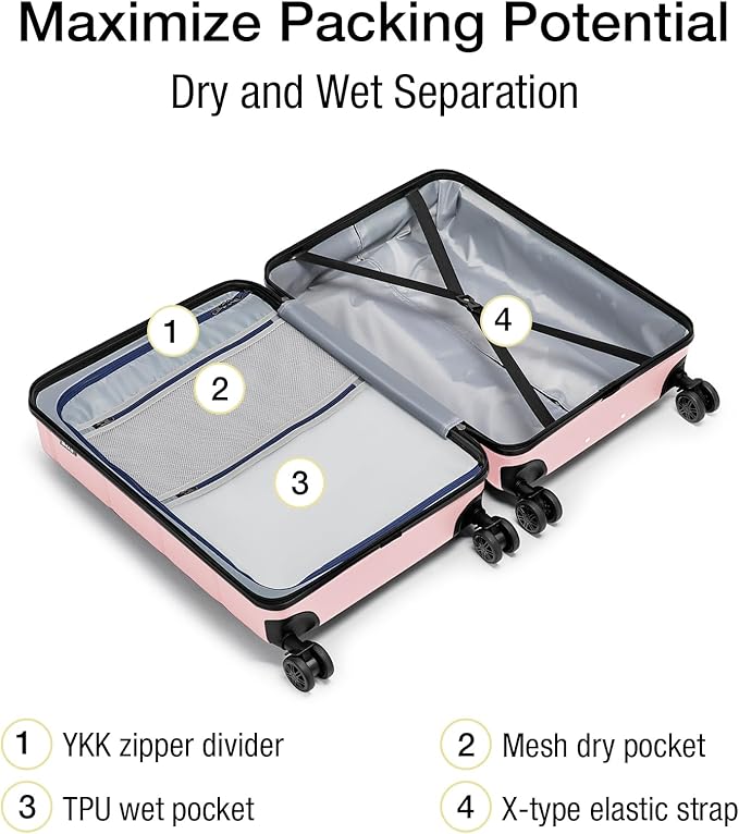 KYME Carry On Luggage 22x14x9 Airline Approved Hardshell Carry On Suitcases with Wheels Travel Rolling 20 Inch Luggage with Cup Holder for Women,Carry-on Pink