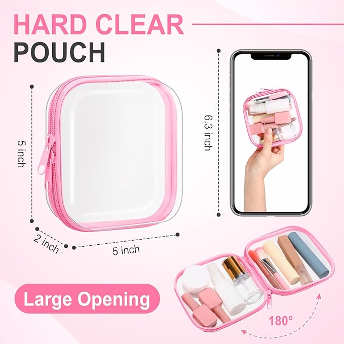Sanwuta 6 Pcs Clear Hard Zipper Case Plastic Zipper Pouches Transparent Makeup Bag Pencil Case Pouches Toiletry Diaper Bag for Travel Toy Storage Organizer Bins(Pink,5 x 5 x 2 Inch)