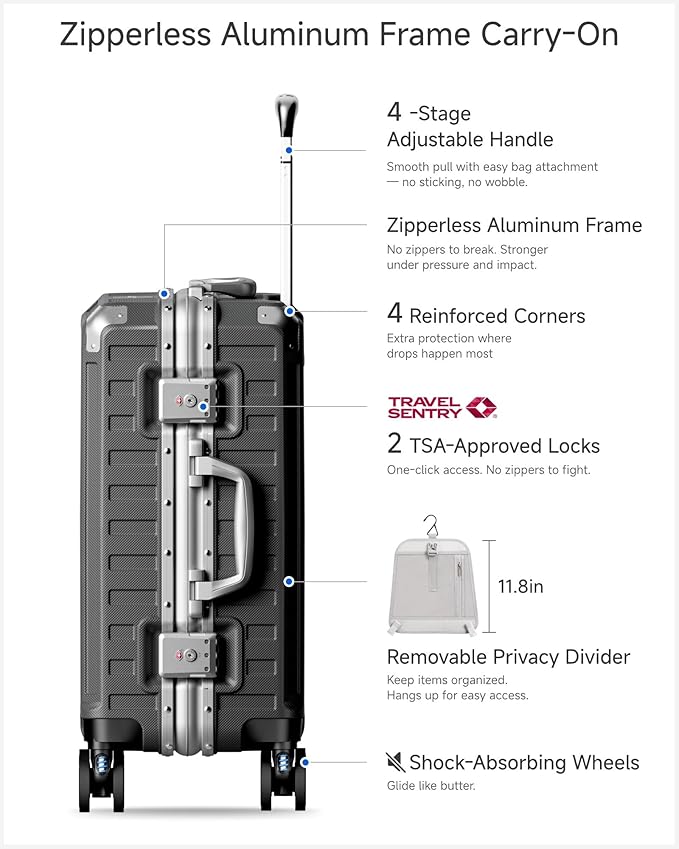 Carry On Luggage with Spinner Wheels, 8010S Aluminum Frame Zipperless Polycarbonate Hard Shell Suitcase (ZX-Core, Charcoal Metallic, 20 Inch)