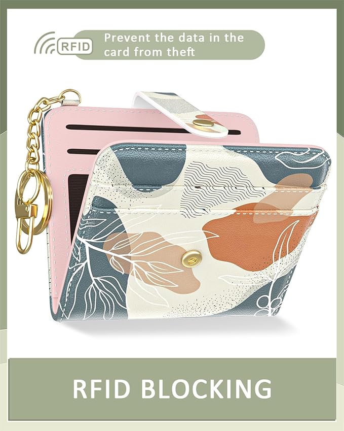 Aiawoxc Womens Wallet, RFID Small Wallets for Women, Slim Compact Credit Card Holder, Cute Leather Bifold Ladies Purse with Zipper Coin Pocket and ID Window, Abstract Boho Leaf