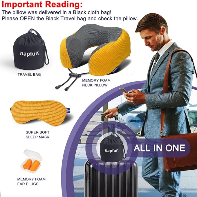 napfun Neck Pillow for Travel with Travel Pouch, Sleep Mask & Earplugs, Memory Foam Airplane Pillow for Headrest Sleep with Eyeshades, Plane Essentials with Eye Blindfold, Yellow Striped Kit