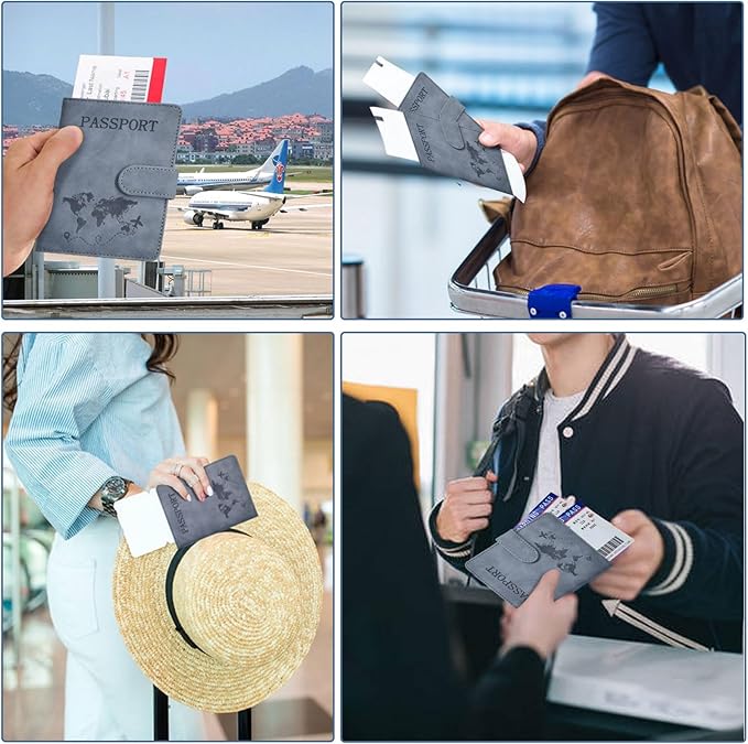 Passport Holder, Passport Cover with Credit Card Slot and Boarding Pass Slot Combo, Passport Wallet Case Book Travel Must Have, RFID Blocking Leather Travel Accessories, Navy Grey