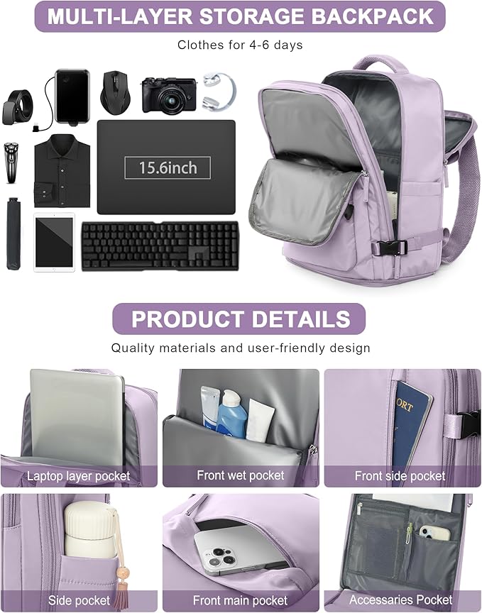 VGCUB Carry on Travel Backpack for Women Men Large Laptop Gym Work Frontier Airlines Personal Item Bag Business Airport Lightweight Backpack Flight Approved Mochilas de Viaje, Purple