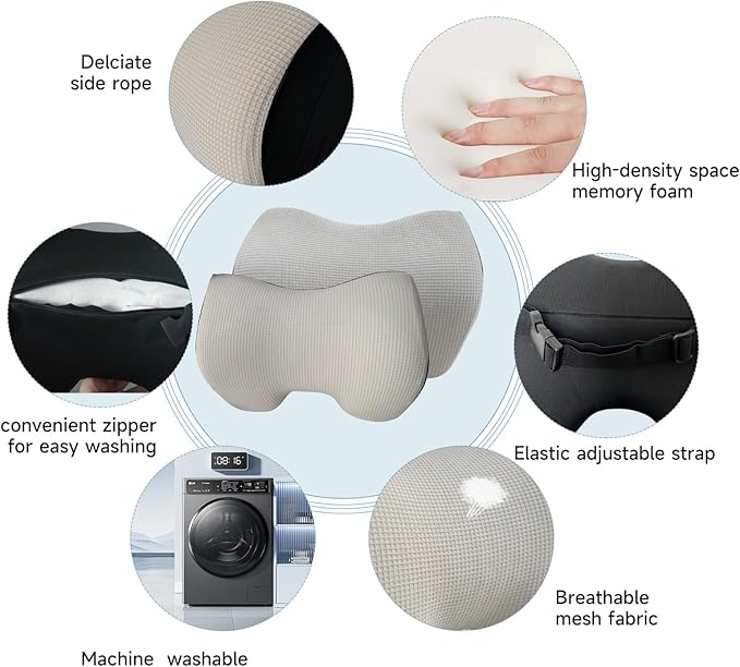 Make Comforting Car Headrest Pillow, Car Pillow for Driving with Adjustable Strap, 100% Memory Foam Neck Cushion, Breathable Removable Cover & Ergonomic Design - Car Neck Pillow(Moonlight-Silver, 1PC)