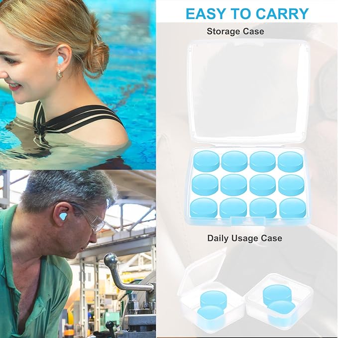 Ear Plugs for Sleeping, 16 Moldable Noise Cancelling Silicone Earplugs for Swimming, Snoring, Sleep and Studying, Blue